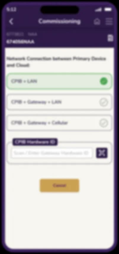 Stylised field service app screen showing a commissioning detail with a progress ring