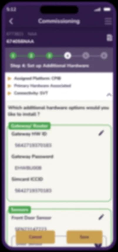 Stylised field service app screen showing a commissioning detail with a progress ring