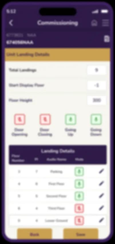 Stylised field service app screen showing a unit list with status indicators