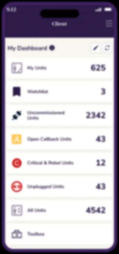 Stylised field service app screen showing a unit list with status indicators