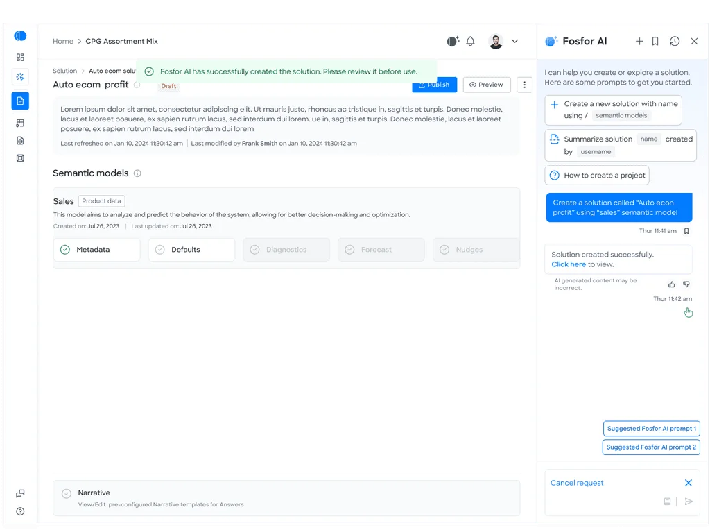 A solution the companion just created, opened with its semantic model tabs and a success notice