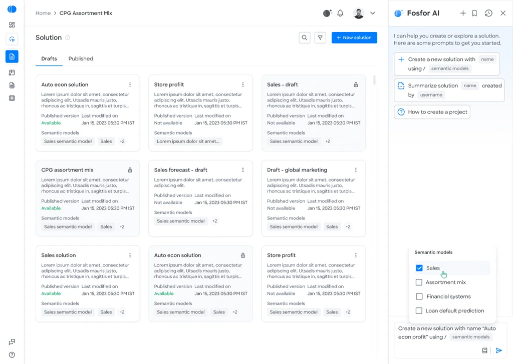 Fosfor AI companion offering a semantic model picker as the user types a slash command