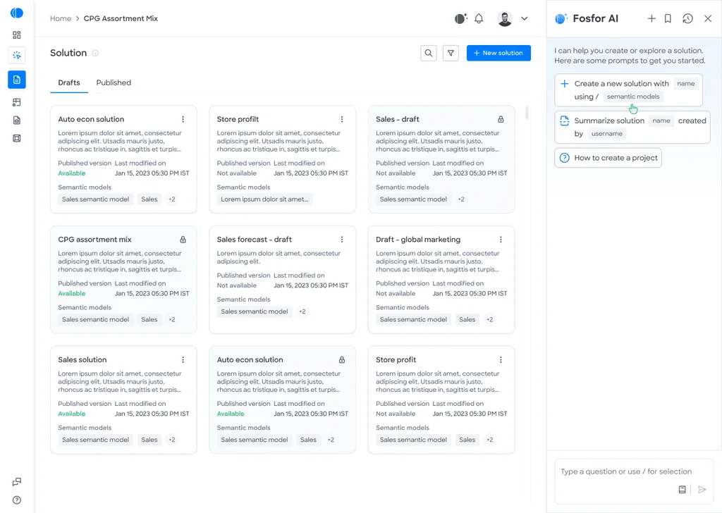 The Fosfor AI companion drawer at its entry state, ready for a question or a slash command
