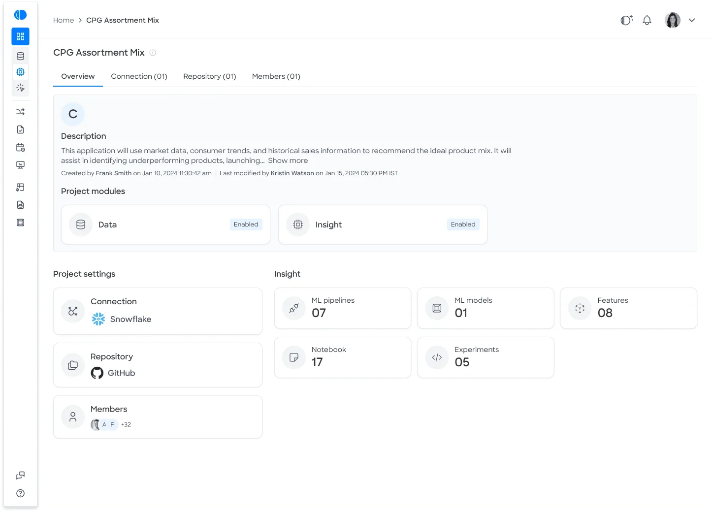 A project overview showing connected data and insight modules