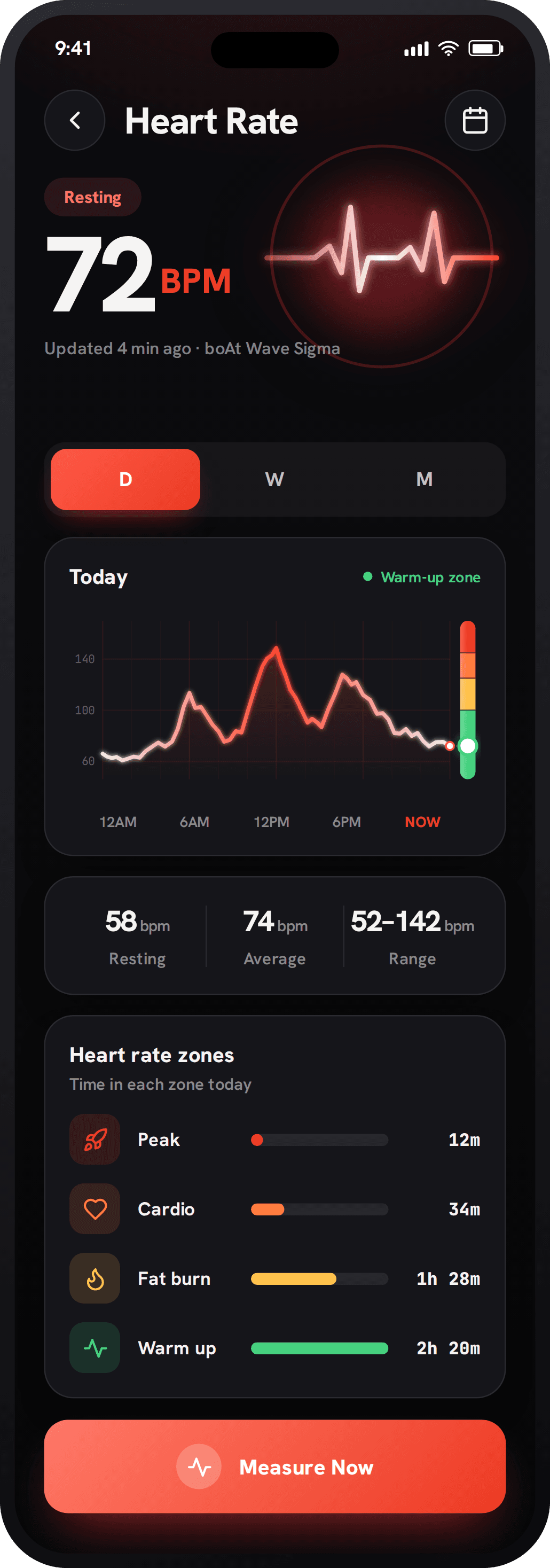 Heart rate detail screen with a live animated reading